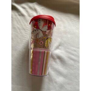 Tervis Butterfly & Striped Tumbler With Red Lid 16 Oz Double-Wall Insulated
